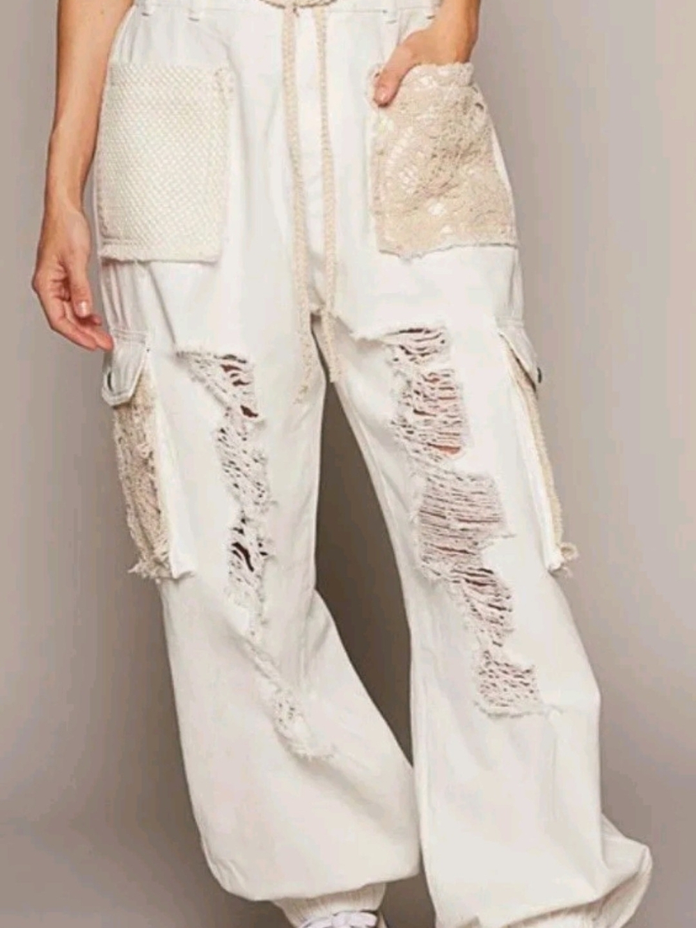 POL Cream Distressed Wide Leg Cargo Jogger Pants